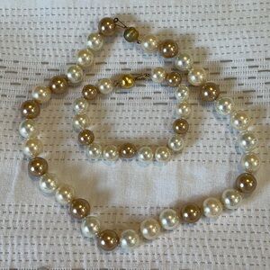 Elegant Pearl and bronze Beaded Necklace and Bracelet Set